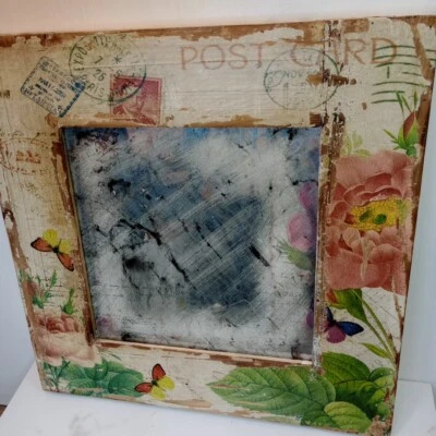 Rustic Wall Mirror Wood With Cool Postage Stamp Paint Theme Made To Look Old - Image 1 of 4