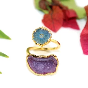 Natural Light Pink Geode Druzy Blue Solar Quartz Gold Electroplate Boho Rings - Picture 1 of 2