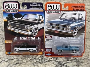 Auto World Chevy Pickup Truck Set: 1973 Cheyenne & 1985 Silverado Blue 1/64