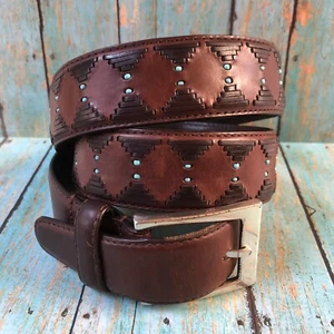 BRIGHTON Belt Size 36 Brown Two Toned Leather Turquoise Bead Southwestern Style - Picture 1 of 8