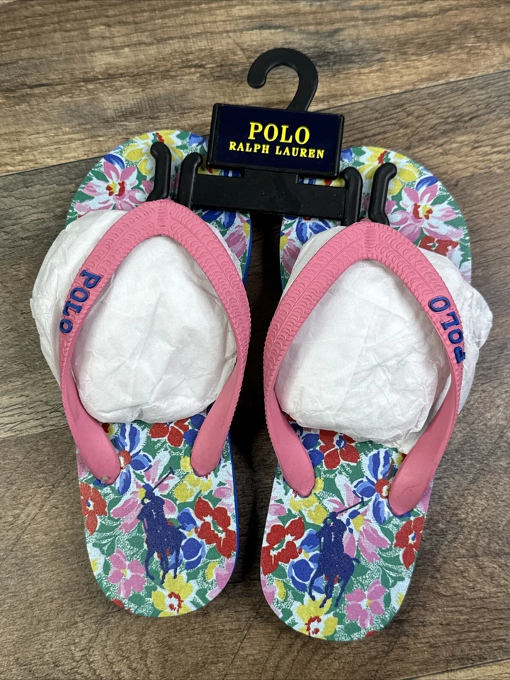 POLO RALPH LAUREN Kid's Camino Flip Flops Sandals Lt Pink Floral Child Sz 13 NWT - Image 1 of 4