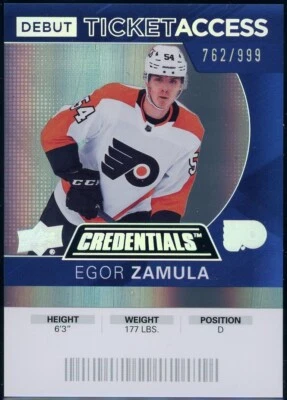 2021-22 Upper Deck Credentials 2020-21 Debut Ticket Access /999 Egor Zamula #110 - Image 1 of 2