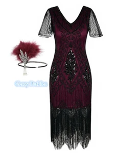 Deluxe Ladies 1920s Roaring 20s Flapper Gatsby Costume Sequins Black Burgundy - Picture 1 of 20