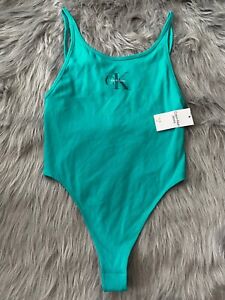 Calvin Klein Jeans Nwt Teal Monogram Logo Tank Scoop Back Thong Bodysuit Top