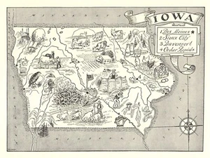 1950er Jahre Vintage Iowa Staatskarte animiert Iowa Bild Karte Wanddekor BW 1102 - Bild 1 von 4