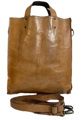 Vtg Handmade Genuine Leather Shoppers Tote Handbag Crossbody Strap Large Sturdy - Image 1 of 4