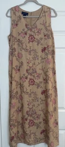 VTG Charter Club 100% Linen Midi Dress Sz 14 Tan Floral Sleeveless Lined Zipper - Picture 1 of 12
