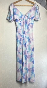New Apricot Watercolour Midi Dress UK 10 – Cape Flutter Sleeve, Satin, Pink Blue - Picture 1 of 4