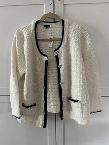 Talbots Women's Size 1Xp Ivory Tweed Fringe Button Front Closure Cardigan NWT - Picture 1 of 14