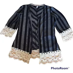 Xhilaration Kimono Cardigan Damen marineblau/elfenbein Häkelspitze Borte vorne offen XS - Bild 1 von 11