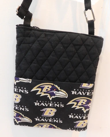 Baltimore Ravens Quilted Fabric Purse w/Long Strap, 7.5 x 9", ZIps, Lined, NEW Cover