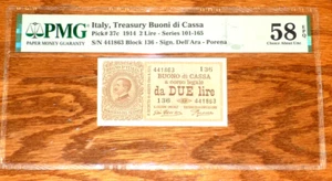 1914 Italy Vittorio Emanuele III 2 Lire Banknote P#37c Series 101-165 PMG 58 EPQ - Picture 1 of 4