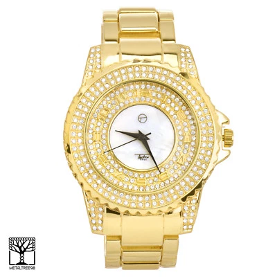 Techno Pave Bling Men's Fashion Gold Plated CZ Metal Band Watches WM 8661 G - Image 1 of 2