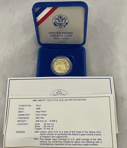 1986-W Proof $5.00 Dollar Liberty Gold Coin Cover