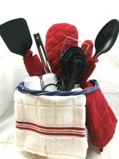 red white Theme Kitchen Gift Basket Towels Potholders S & P Shakers Housewarming