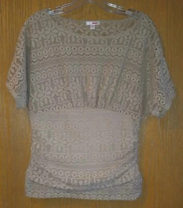 Bongo Women's Tan Lace Lined Top, Size L, Short Sleeves Lined, Gathering Sides - Picture 1 of 7