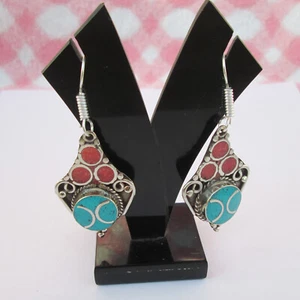 Tribal Genuine Turquoise Coral Multi-color Earrings for women wear jewellery - Picture 1 of 7