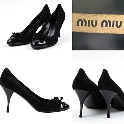 MIU MIU Italy Black Suede & Patent Leather Bow Trim, Heels Pumps 39.5EU/9.5US-AU - Image 1 of 4