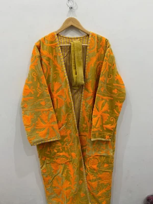 Yellow Suzani Embroidered Velvet Long Kimono | Warmed Coat For Women - Image 1 of 4