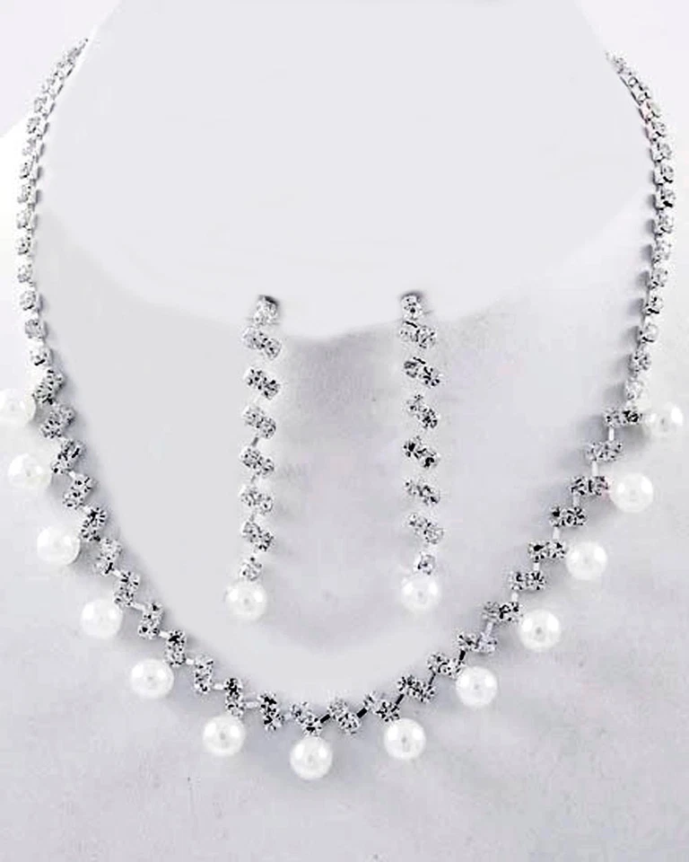 Juego de pendientes collar de vid única con estrás de cristal transparente de perlas blancas de plata Pt  Foto 1 de 1