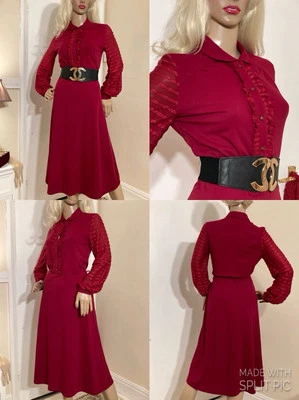 VINTAGE 60s Ruffle Front Pan Collar Bishop Sleeve Fit Flare Secretary Day Dress - Image 1 of 4