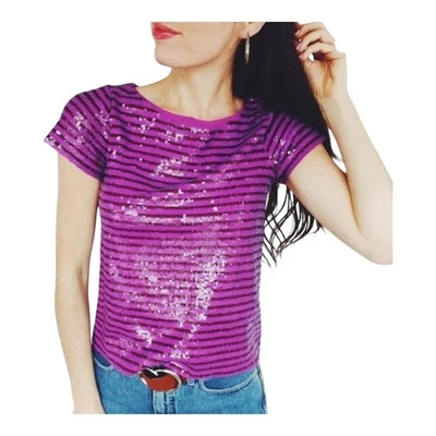 J. Crew Purple Sequin Striped Top Short Sleeve Party Sparkle Women Size XS - Image 1 of 4