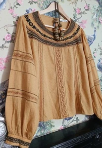 Vintage style mustard & navy embroidery & lace boho top size 20 Zara - Picture 1 of 11