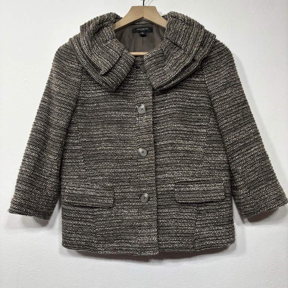 Abrigo Ann Taylor 2 Lana Marrón Blanco Gris Tweed Clásico Minimalista Suave Declaración Foto 1 de 4