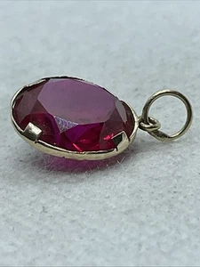 VINTAGE HANDMADE Solid 11.5K Yellow Gold Round Created Ruby Charm Pendant 3.1gr. - Picture 1 of 18