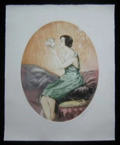 1920 Original Lucien Henri Grandgerard Grabado Mujer con Pecera Dorada Firmado - Imagen 1 de 1