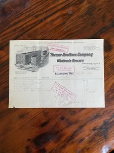 1920 Turner Brothers Company Wholesale Grocers Salisbury MD Invoice to Hovermale - Picture 1 of 3