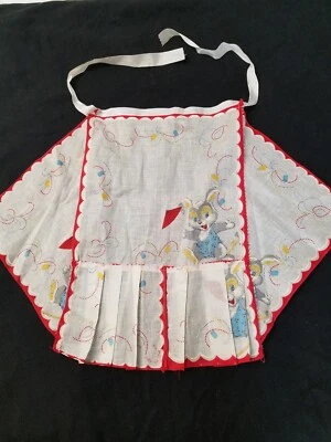 1950s Child's Dolls Half Apron Red White Bunny Rabbit Pleated Handmade 1853 - Image 1 of 4
