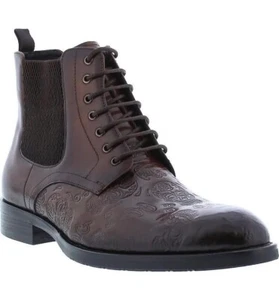 $368 - Robert Graham Hyperspace Skull Embossed Brown Lace-Up Leather Boot 9 - Picture 1 of 7