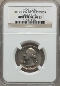 1970-D 25C Washington Qtr Struck on 10C Thickness Stock 4.3 Grams AU53 NGC (704) - Picture 1 of 2