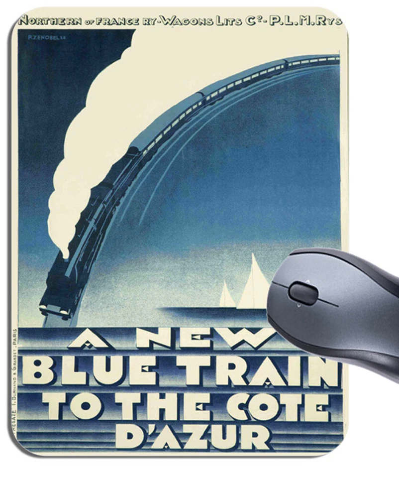  Cote d' Azur Blue Train Art Deco Poster Mouse Mat. Le Train Bleu Mouse Pad Gift - Image 1 of 1