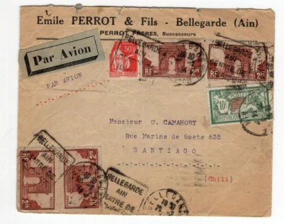 FRANCE 1934 to Chile airmail cover amazing franking 10fr !!! NO reserve must see - Image 1 of 2