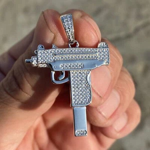 925 Sterling Silver Uzi Submachine Gun Pendant Flooded Out CZ Iced Hip Hop Charm - Picture 1 of 8