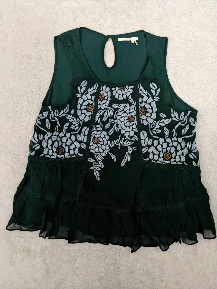 Camiseta sin mangas Floreat Anthropologie para mujer S verde bordada Boho Peplum Roselle Fairy Foto 1 de 4