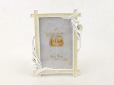 Marco de fotos, escritorio o estante ~ travesaños beige, lirios blancos, poliresina, #1655 Foto 1 de 4