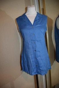 Laura Ashley Vintage French Blue Linen Collared Sleeveless Blouse 10 Tunic Long - Picture 1 of 11