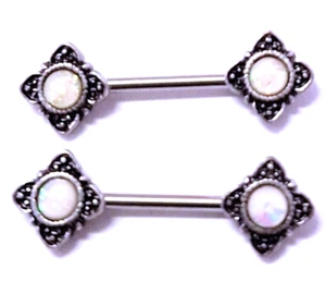 Nipple-PAIR-Vintage Flower w/Opal 14 Gauge 9/16" Steel Barbells - Picture 1 of 4