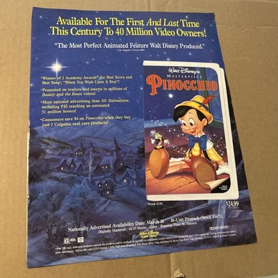 Original 13 By 11" 1993 Walt Disney Pinocchio Vhs Tape Ad FLYER-b - Image 1 of 2