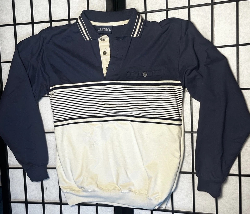 Vintage 1960s Men’s Puritan Great Gatsby Navy Puffy Long Sleeve Polo Shirt Sz M - Image 1 of 4