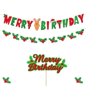 Glitter Christmas Birthday Banner - Merry Christmas Decorations Red Green Hap... - Bild 1 von 5