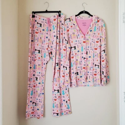 Nick & Nora Pajama Set Size L Pink Sewing Seamstress 2 Pc Top Bottom PJs Modal - Image 1 of 4