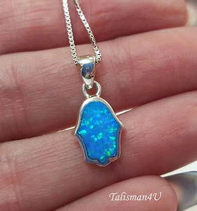 Collar de mano de ópalo azul Hamsa protección contra el mal de ojo colgante de plata esterlina 925 - Imagen 1 de 6