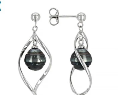 Cultured Tahitian Pearl Rhodium Over Sterling Silver Earrings NEW - Image 1 of 4