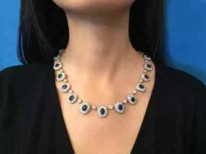 14K White Gold Plated 20CT Oval Cut Lab-Created Sapphire Women's Necklace 18" - Picture 1 of 3