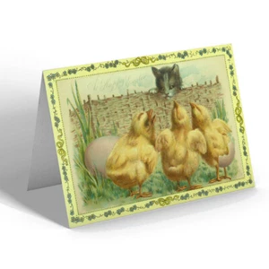 OSTERKARTE - Vintage Design - Katze schaut drei Küken über den Zaun - Bild 1 von 1