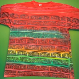 VTG All Over Mayan Incan Aztec Print T-Shirt Green Large Single Stitch Central - Picture 1 of 9